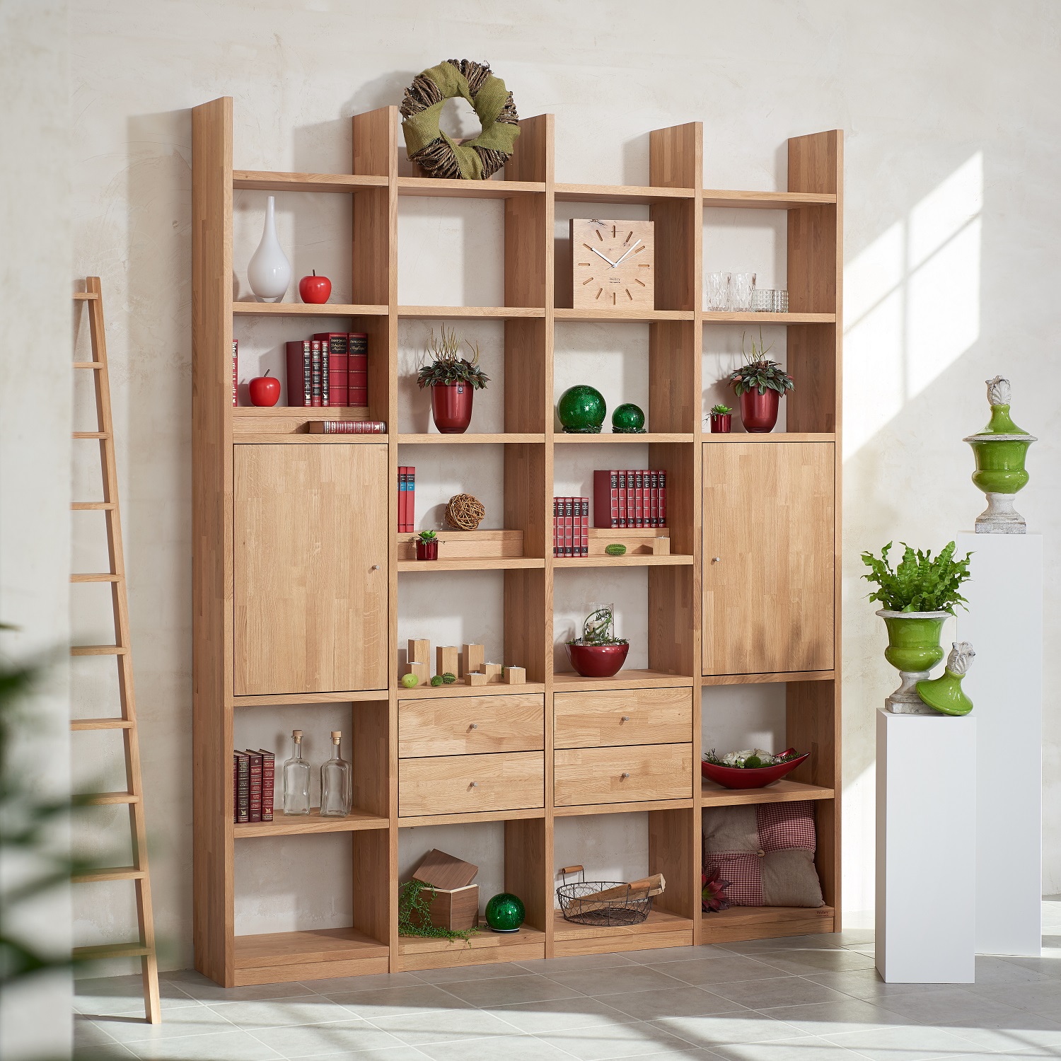 Massivholz Bücherregal mit und Regale Eiche Schubladen Türen - Wehry